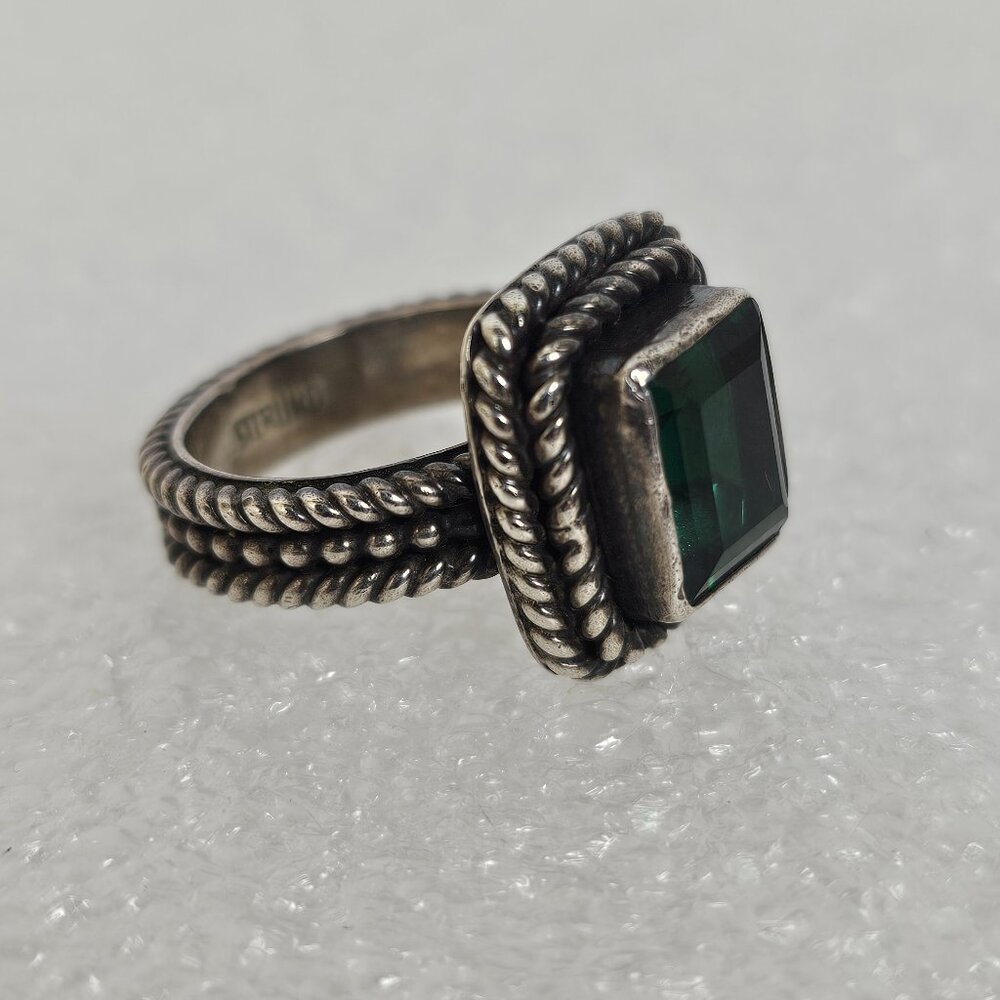 Vtg Sterling Silver Green Quartz Ring Size 7 Square Textured Rope Band Chunky - Picture 3 of 16